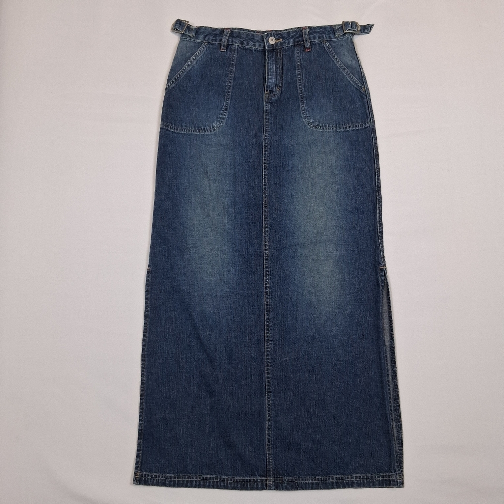 Vtg Union Bay UB Jeans Denim Maxi Skirt Size 5 Blue Zippered Fly Snap Pockets